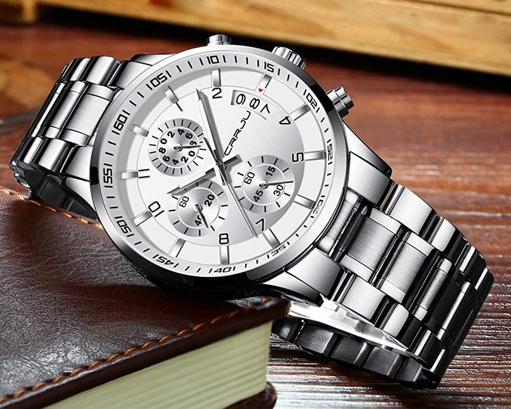CRRJU Men's Fashion Stainless Steel Watches Date Waterproof Chronograph Wristwatches,Stainsteel Steel Band Waterproof Watch - Image 3